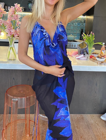 Sexy Sheath Halter Blue Print Floral Chiffon Open Back Evening Dress Outfits HZ1023